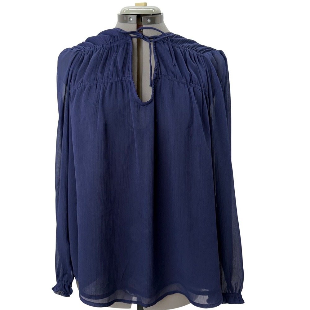 Old Navy Chiffon Peasant Blouse Blue Keyhole Smocked Sheer Sleeve Ruffle Cuff M‎